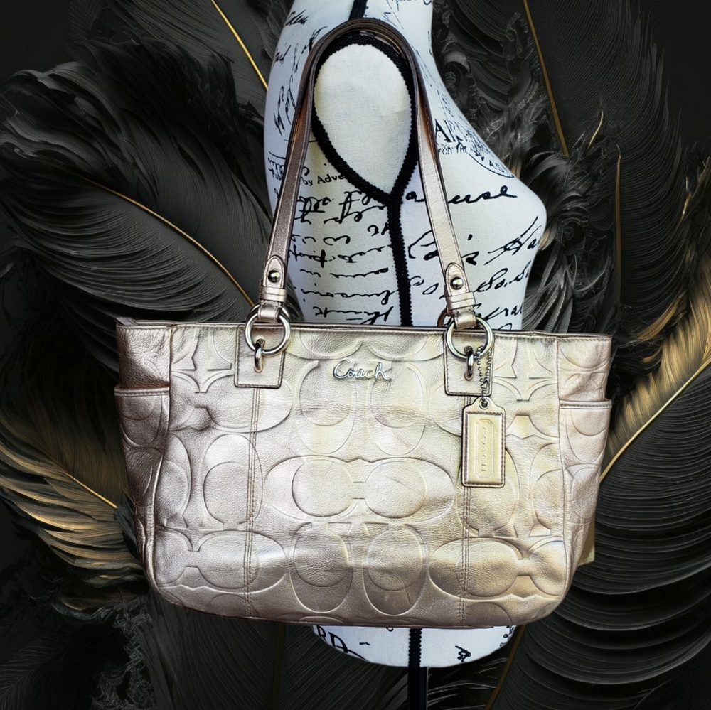 💯 COACH Gold Gallery Embossed Metallic Leather Tote Purse